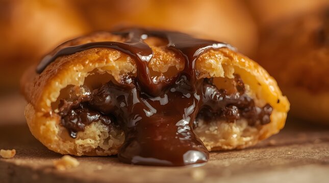 A halved chocolate filled pastry sits on a wooden surface with rich chocolate sauce.