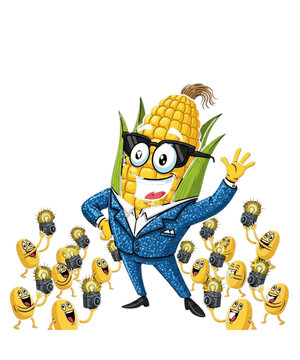 Funny Cartoon Corn Cob Character Wearing a Business Suit and Sunglasses as a Boss Leading Small Corn Minions