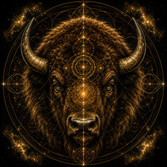 Majestic Spirit Bison Head with Golden Sacred Geometry, Mystical Spiritual Animal Artwork
