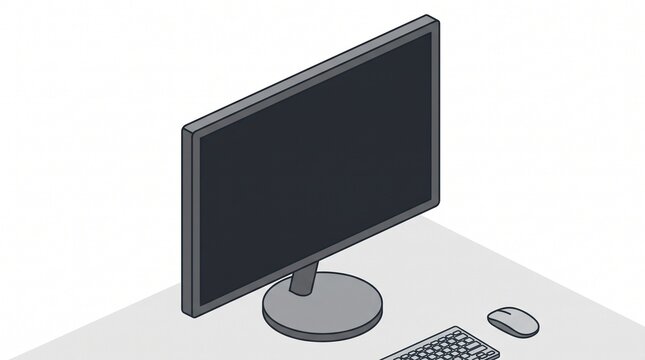Isometric illustration of a modern computer monitor with keyboard and mouse