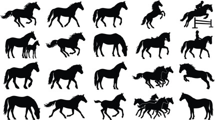 Obraz premium Horse silhouettes in various poses and movements set.