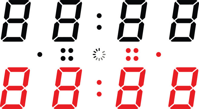 Digital Clock Font Vector Icon Set with Red and Black Seven Segment Display Numbers, Colons, and Progress Loading Dots for Electronic Timer Screen Interfaces