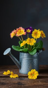 Fresh spring arrangement featuring vibrant primula flowers displayed neatly within a classic galvanized watering container on a rustic surface, seasonal, arrangement, planted