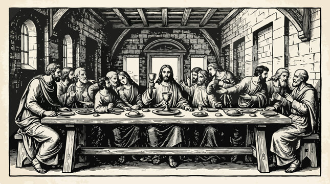 Vintage engraving illustration of The Last Supper featuring Jesus and his disciples.
