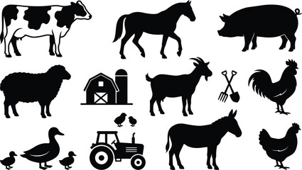 Farm animals silhouettes with cow, horse, pig, sheep, goat, rooster, goose, duck, chick, donkey, and farm equipment. © jim's Cafe
