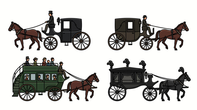 Vintage horse drawn carriages and historic stagecoach illustrations set.