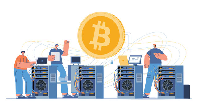 Technicians monitoring server racks and computer hardware for bitcoin mining operations with a large golden coin symbol in the background.