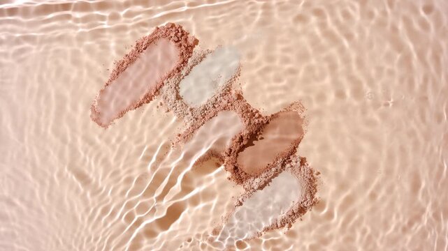 Top view slow motion shot of water stream splashing over five beige powder smears on a beige surface | Creative ad concept for finishing powder