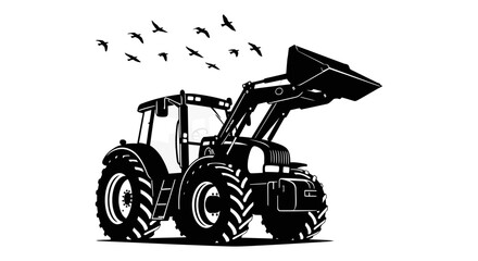 Farm tractor with raised bucket and flock of birds black silhouette © sakib