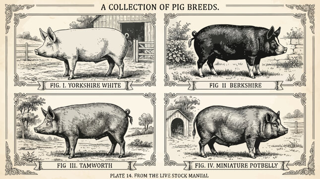 Vintage Illustration Depicting Various Pig Breeds and Farm Animals.