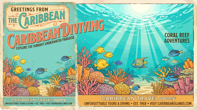 Vintage style Caribbean diving and coral reef adventure travel poster.