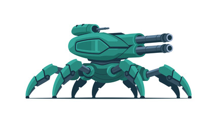 Fototapeta premium Green mechanical spider-like robot with dual cannons mounted on top stands on four articulated legs to demonstrate advanced robotic engineering.