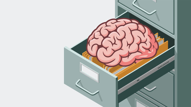 Anatomical pink brain resting atop manila folders inside an open grey metal filing cabinet drawer to symbolize memory storage and mental health awareness.