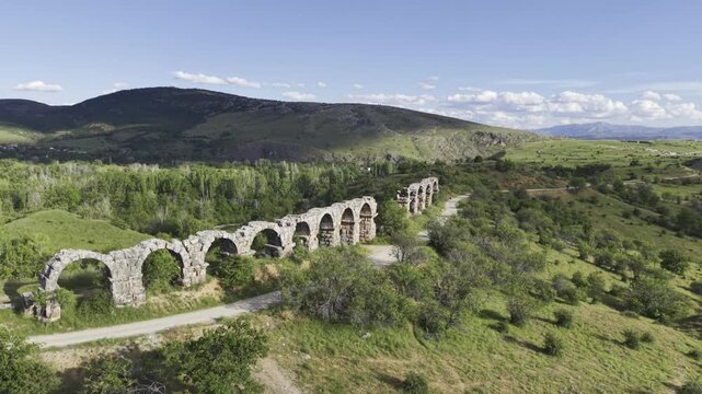 Aerial View of Ancient Aqueducts in Pisidia Ancient City Yalvac Isparta Turkey with Historic Roman Architecture and Archaeological Heritage
