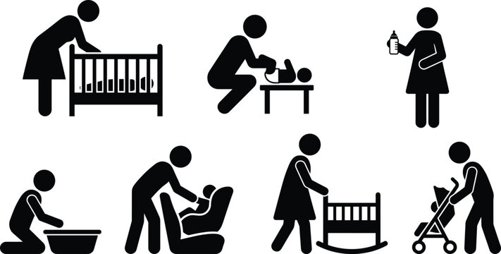 Baby Care and Parenting Black Silhouette Icon Set with Newborn Care Activities and Infant Essentials