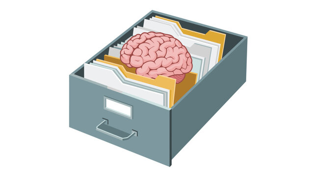 Pink human brain rests inside an open grey metal file cabinet drawer filled with organized manila folders and documents for knowledge management.