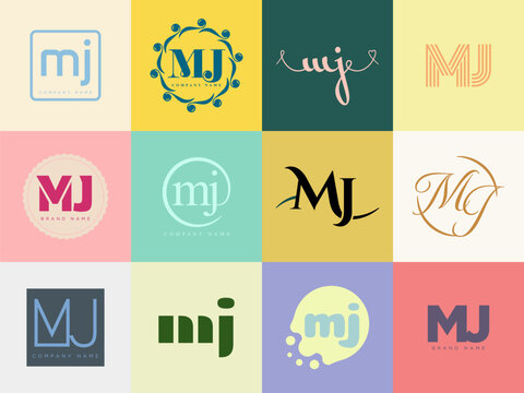 MJ logo company template. Letter m and j logotype. Set different classic serif lettering and modern bold text with design elements. Initial font typography.