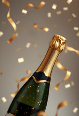 Fototapeta premium Champagne bottle with golden confetti celebration