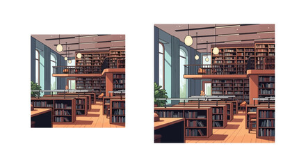 Grand public library with multi level bookshelves and study area © kamil