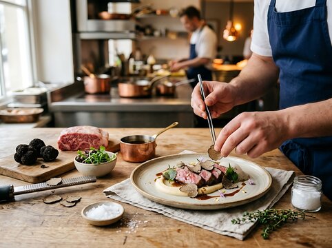 Fine dining chef artfully plating a gourmet beef dish with truffle shavings and fresh herbs in a professional kitchen setting