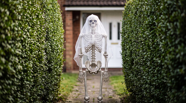 Skeleton bride wearing a white wedding veil standing on a garden path between two large green hedges in front of a house entrance during Halloween season