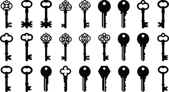 Black and white of various old-fashioned keys on a white background, old keys vintage keys key collection
