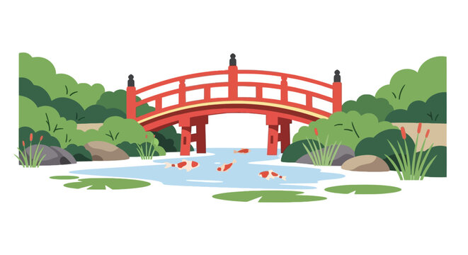 Red japanese bridge over peaceful koi pond with water lilies