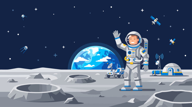Astronaut waving on the lunar surface celebrating international moon day with earth and moon base in the background flat vector illustration