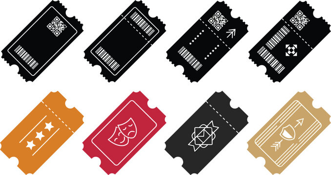 Event Ticket Vector Icon Set with QR Code, Barcode, Theater Masks, and Star Symbols for Cinema Movies, Concerts, Festivals, and Digital Booking Apps