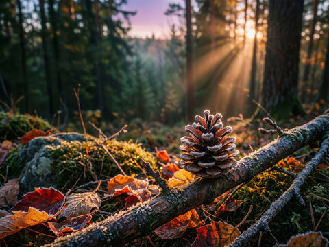 Pomme de pin au premier plan dans une for&ecirc;t de conif&egrave;res baign&eacute;e de lumi&egrave;re dor&eacute;e au coucher du soleil en automne
