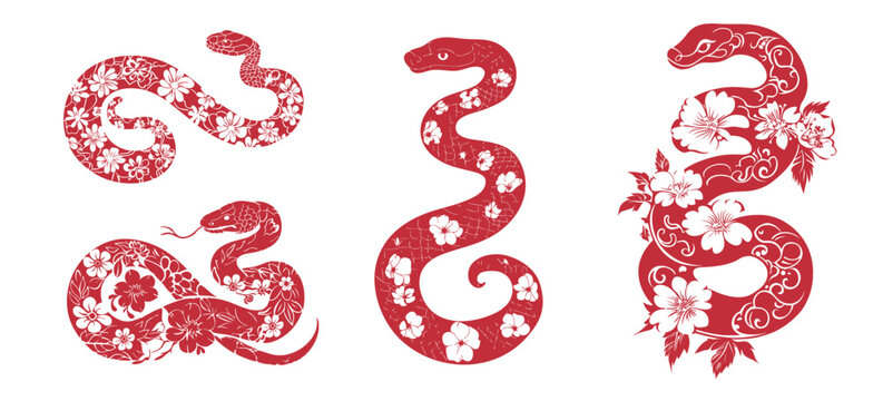 Red floral patterned snakes illustration vector set