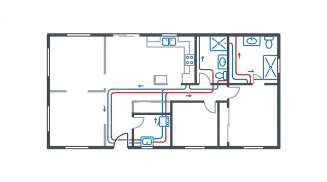 Architectural floor plan drawing with plumbing and electrical lines.