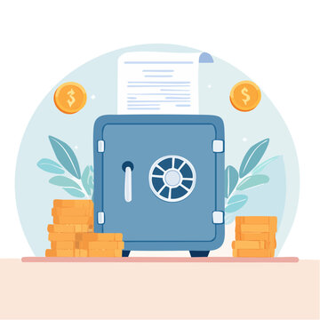 Flat illustration of a safe with money and document