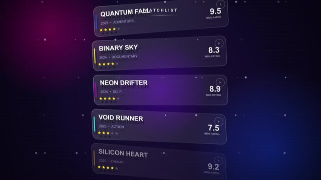 Futuristic Neon UI Watchlist Animation with Glassmorphism Effects