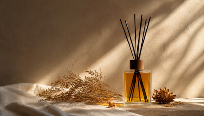 Fototapeta premium Product photography with outdoor tea diffuser, minimalist e-commerce style, light beige or plain stone tea background, reed diffuser in amber glass bottle. In a special, studio shot