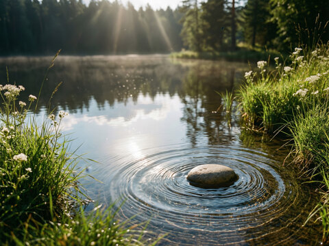 Surface d'un lac serein avec de petits cercles concentriques form&eacute;s par des gouttes de pluie, reflets d'arbres verts sur l'eau calme et transparente, paysage aquatique apaisant