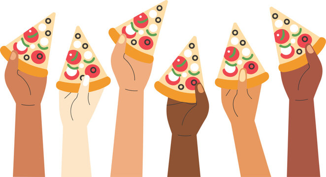 Diverse multiethnic hands holding up fresh pizza slices together, cartoon vector illustration isolated on white background