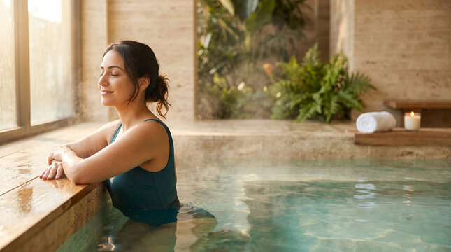 Woman relaxing in indoor spa pool with eyes closed
