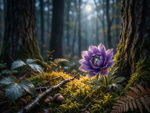 Fleur violette mauve s'&eacute;panouissant sur un sol moussu dans une for&ecirc;t printani&egrave;re, an&eacute;mone sauvage pourpre entour&eacute;e de mousse verte et de feuilles, macro de flore sylvatique
