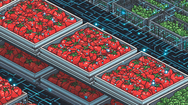 Red strawberries in modern trays with sci-fi digital grid background