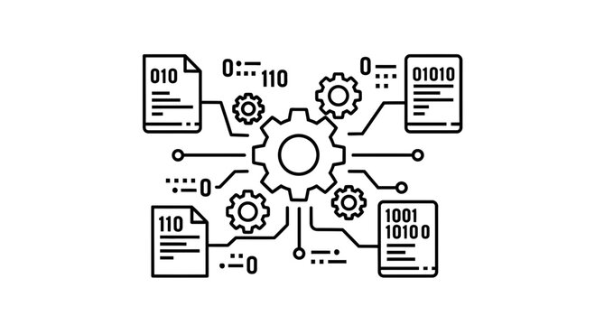 Digital data processing and analysis concept, gears and binary code
