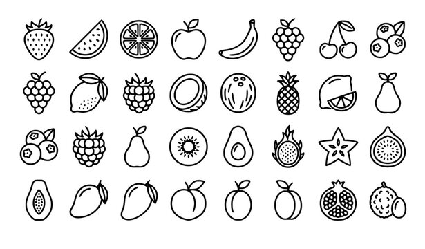 Editable stroke fruit icon vector set with strawberry orange and watermelon designs