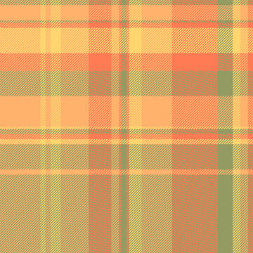Store vector check textile, string fabric seamless background. Gorgeous pattern plaid tartan texture in lime and orange colors.