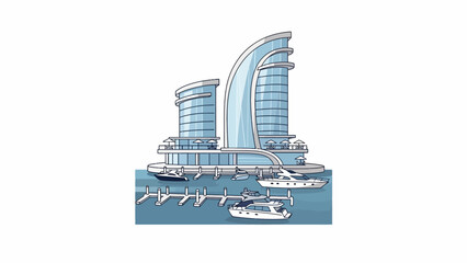 A modern luxury hotel complex stands beside a calm marina with docked motor boats © HALEDS