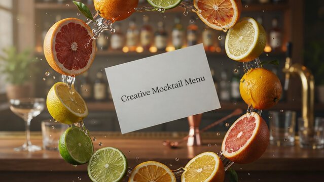 Blank cocktail menu mockup surrounded by fresh citrus fruits and bar drinks on wooden counter