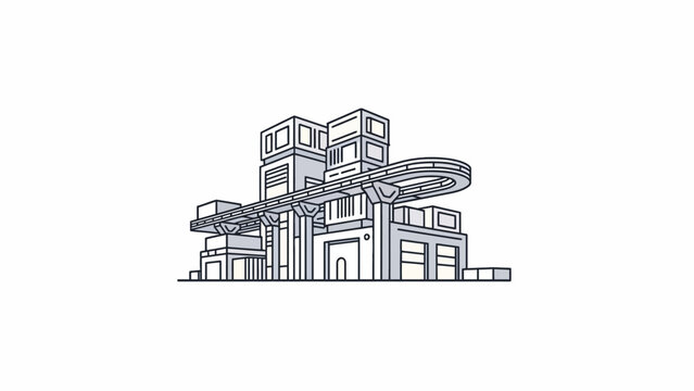 A minimalist line drawing of a futuristic industrial complex with a monorail system