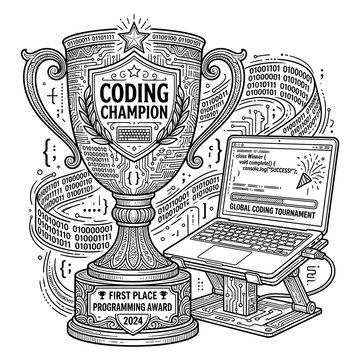 Detailed black and white illustration of a coding champion trophy with a laptop showing programming code.
