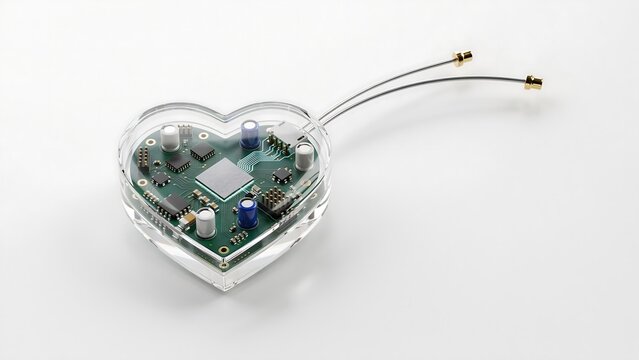 Transparent artificial intelligence heart with electronic circuit board and connected wires