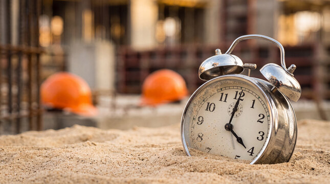 Vintage alarm clock sitting in sand at a construction site with orange safety helmets in the blurred background representing project deadline and time management