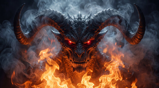 Powerful demonic dragon creature with large curved horns and glowing red eyes emerging from intense orange flames and dark smoke in a fantasy setting
